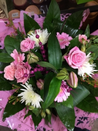 Hand Tie - A Classic Rose & Lily Hand Tie with seasonal flowers